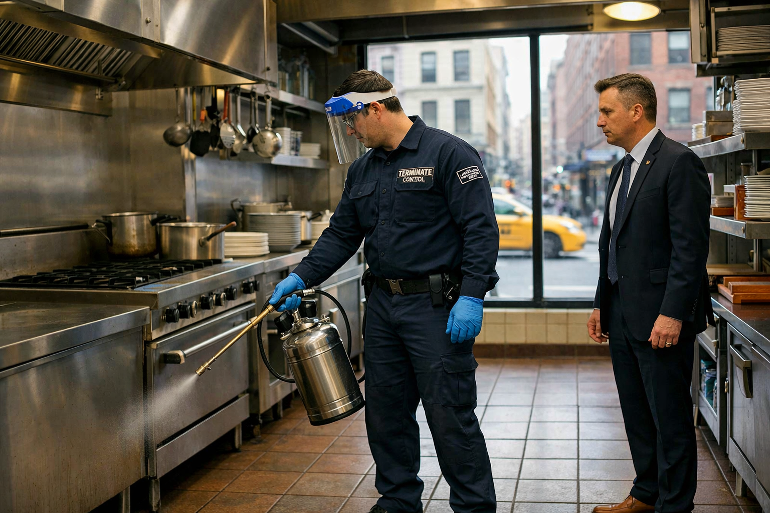 Commercial pest control technician servicing NYC restaurant kitchen